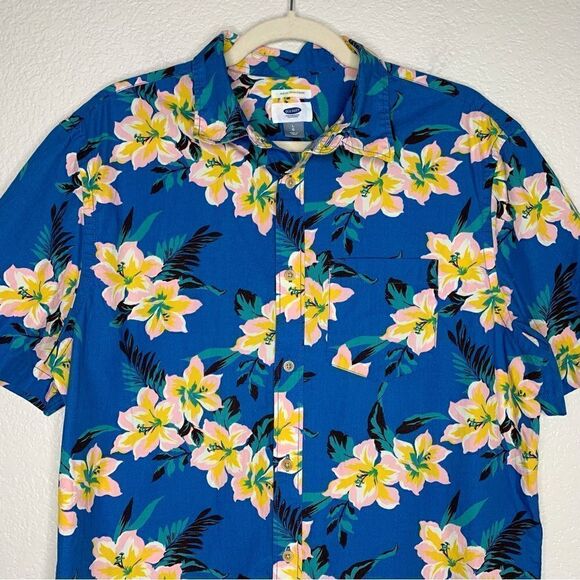 Old Navy Men’s Slim Fit Coupe Blue Hawaiian Short Sleeves Button Down Shirt - Picture 2 of 12